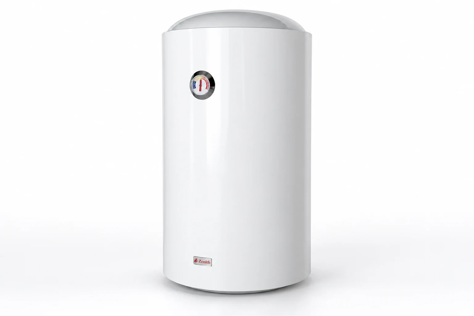 Zenith Classic 80 litre vertical water heater, with its temperature gauge and white cylindrical body