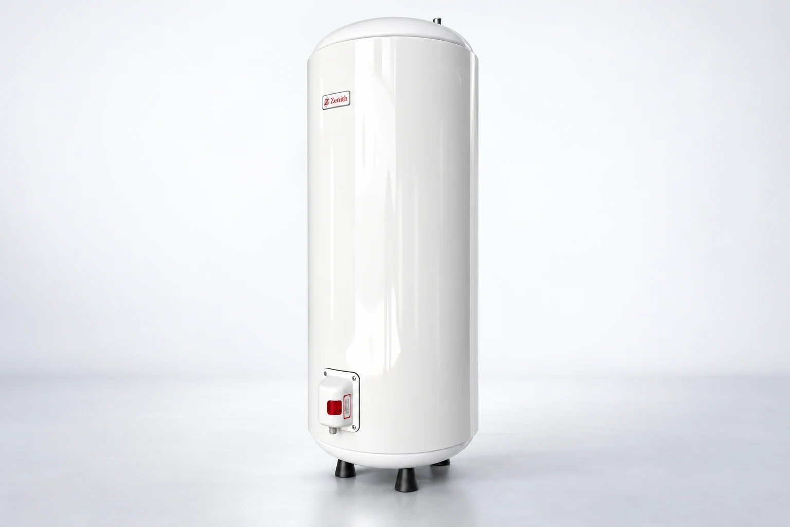 Zenith Elite floor-standing water heater with a tall slim body and red control switch