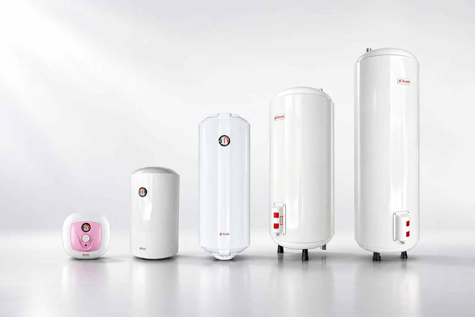 Zenith water heater lineup, from compact Prismo to larger floor-standing models