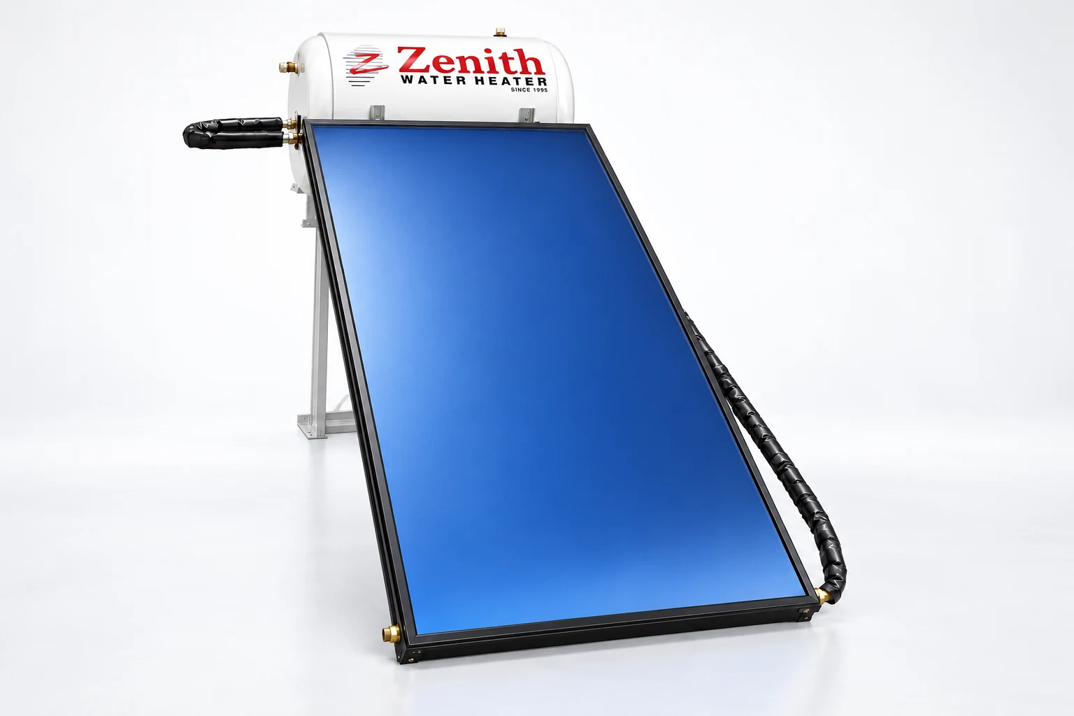 Zenith Ultra Solar thermosyphon system with a wide tank above its flat plate collector