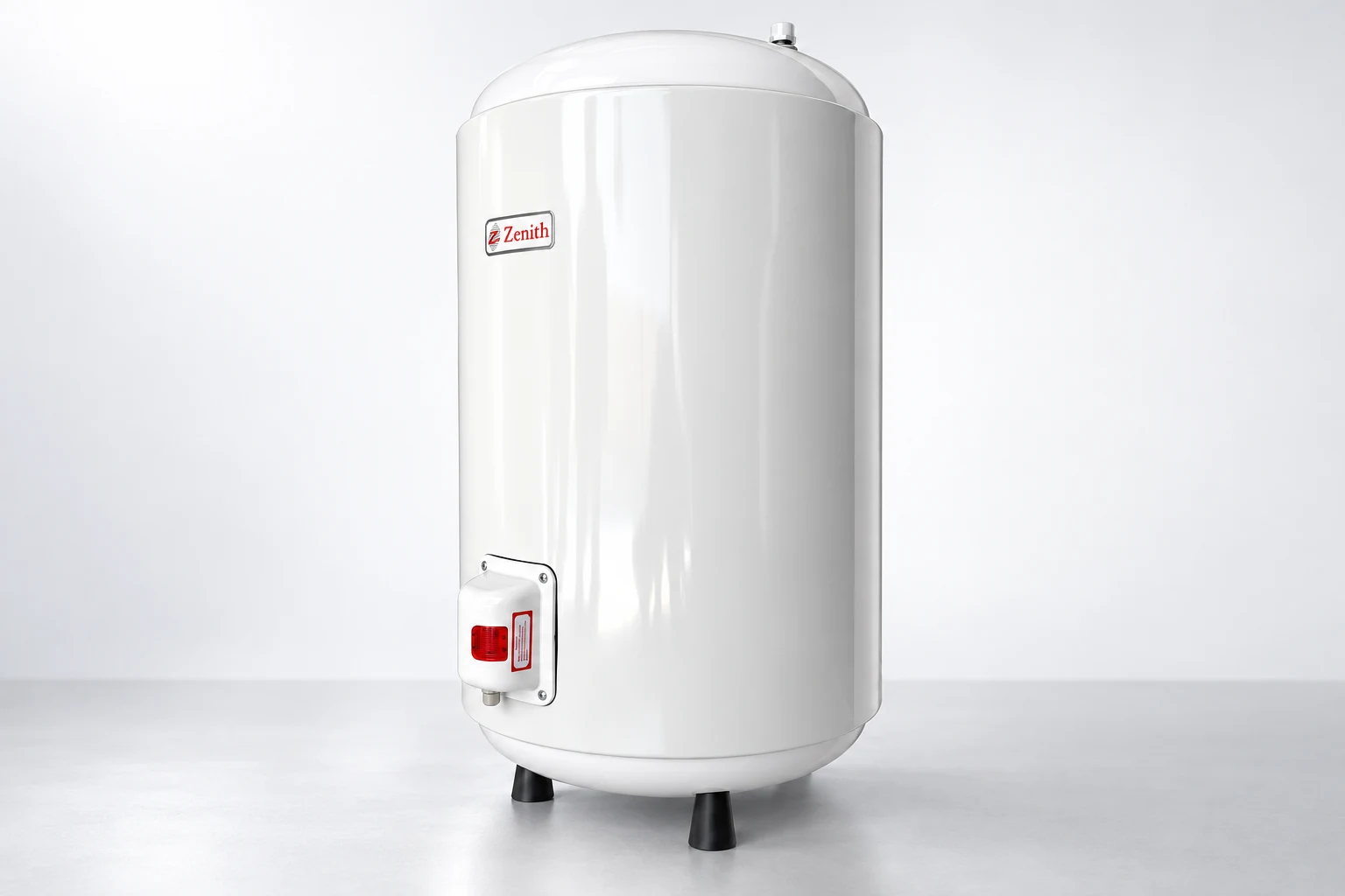 Zenith Ultra floor-standing water heater with its wide body and red control switch